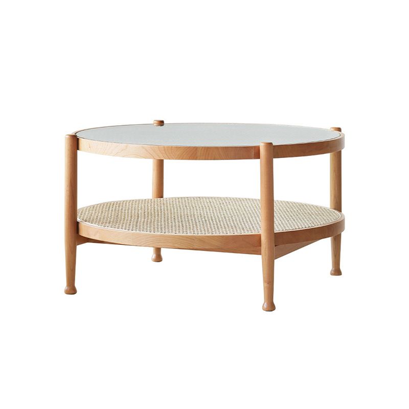 Modern Wood 4 Legs 1 Coffee Table with Shelf Round Glass Table