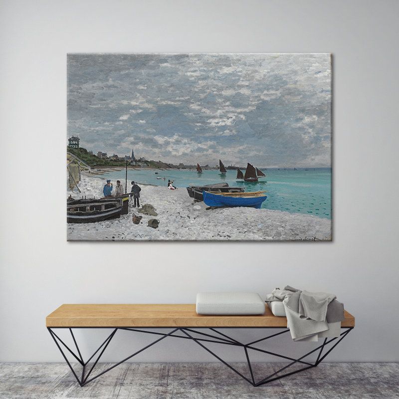 Tropical Seashore Stranded Boat Art Print Blue Seascape Painting Wall Decor for Home