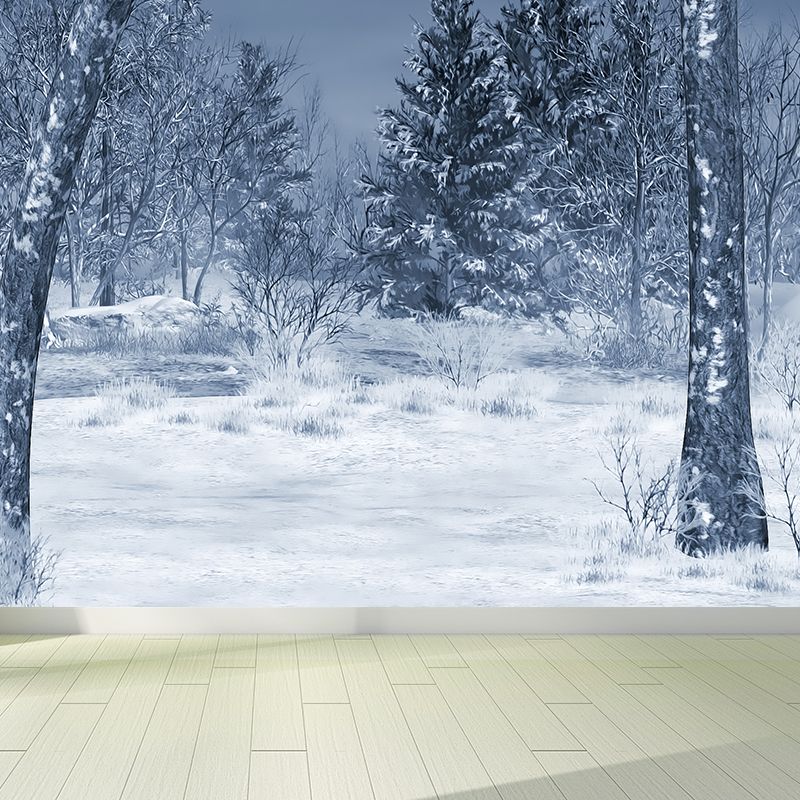 Modern Snowy Pine Trees Mural Wallpaper White Winter Botanical Landscape Wall Covering