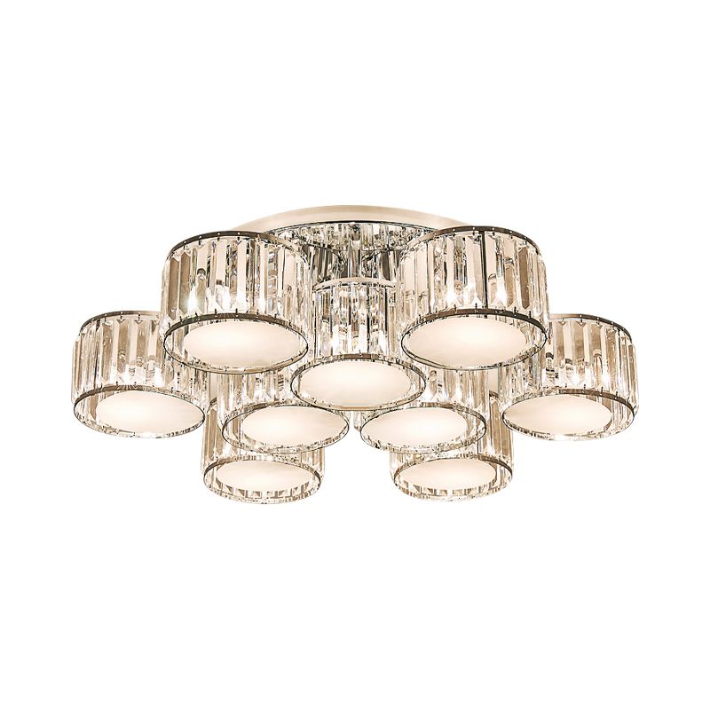 Crystal Drum Flush Mount Modernist 3/5/7 Heads Living Room Ceiling Lamp in Chrome Finish