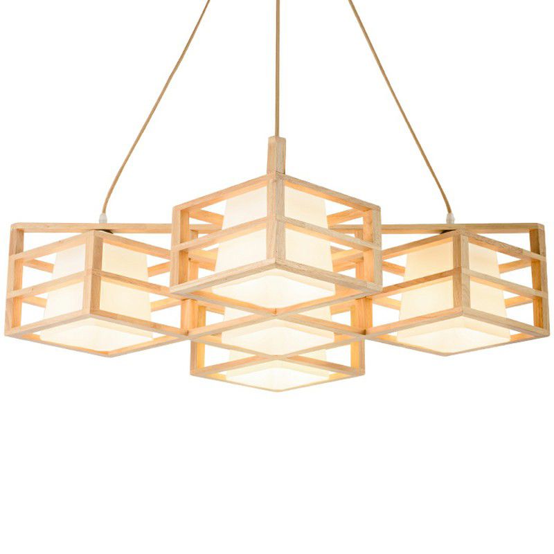 Symmetric Cage Style Hanging Lighting Nordic Wooden 5-Head Beige Multi Pendant Chandelier with Opal Glass Shade