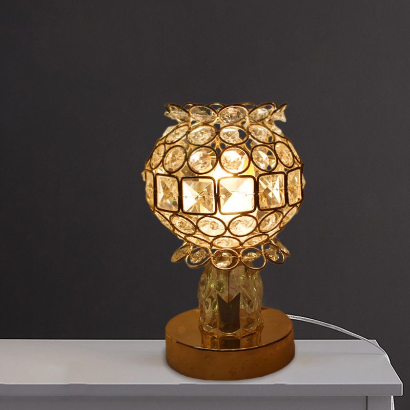 Cuboid/Globe/Crown Desk Light Contemporary Crystal Embedded Single Bedroom Night Table Lamp in Gold
