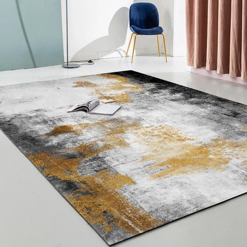Yellow and Grey Contemporary Rug Polyester Abstract Rug Washable Non-Slip Backing Carpet for Living Room