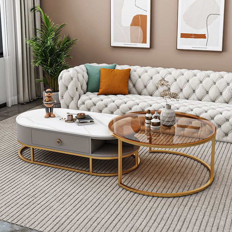 Oval Glass & Slate Coffee Table Set Frame Cocktail Table with Drawers