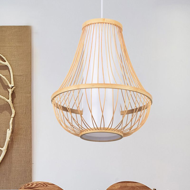 Teardrop Ceiling Light Japanese Bamboo 1 Bulb Wood Pendant Lighting Fixture with Tubular White Parchment Shade