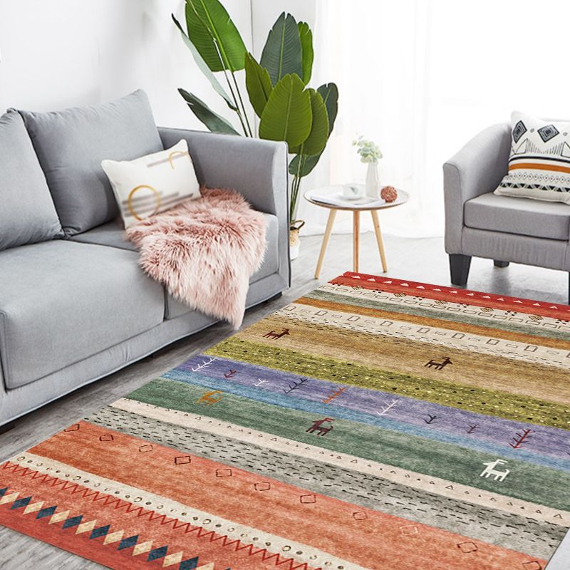 Bohemian Tribal Striped Pattern Rug Multicolor Polyester Rug Machine Washable Non-Slip Backing Area Rug for Living Room