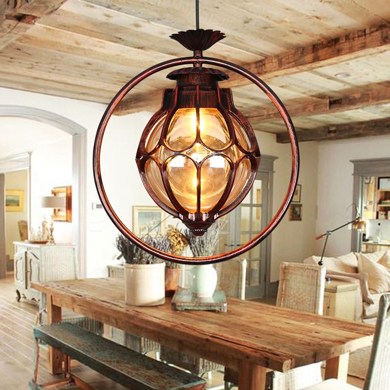 1 Light Suspension Lamp Rustic Globe Amber Glass Hanging Pendant Light in Copper with Iron Ring
