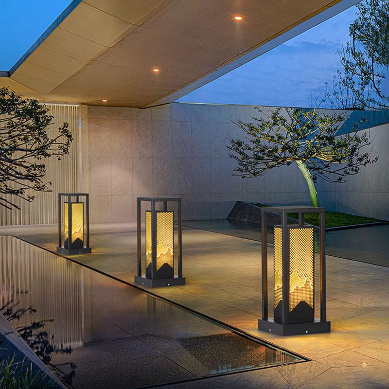 Modern Metal Pillar Lamp Rectangle Outdoor Waterproof Light in Black