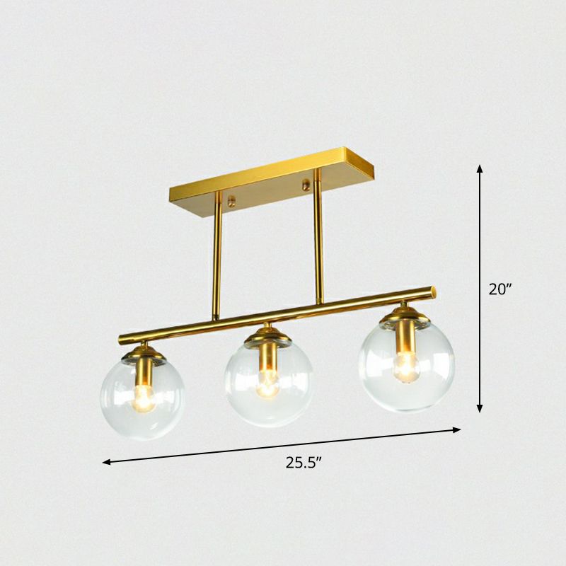 Brass Linear Island Light Fixture Postmodern Metal Ceiling Light with Globe Glass Shade