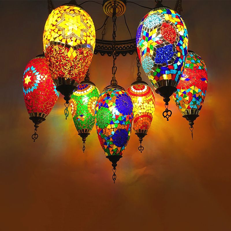 Traditionary 7 Heads Chandelier Lamp Bronze Teardrop Pendant Light with Colorful Glass Shade for Coffee House