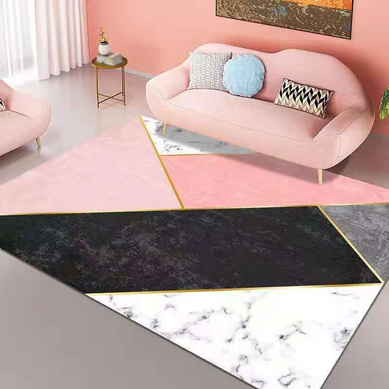 Pink Geometry Pattern Rug Polyester Simple Rug Washable Rug for Living Room