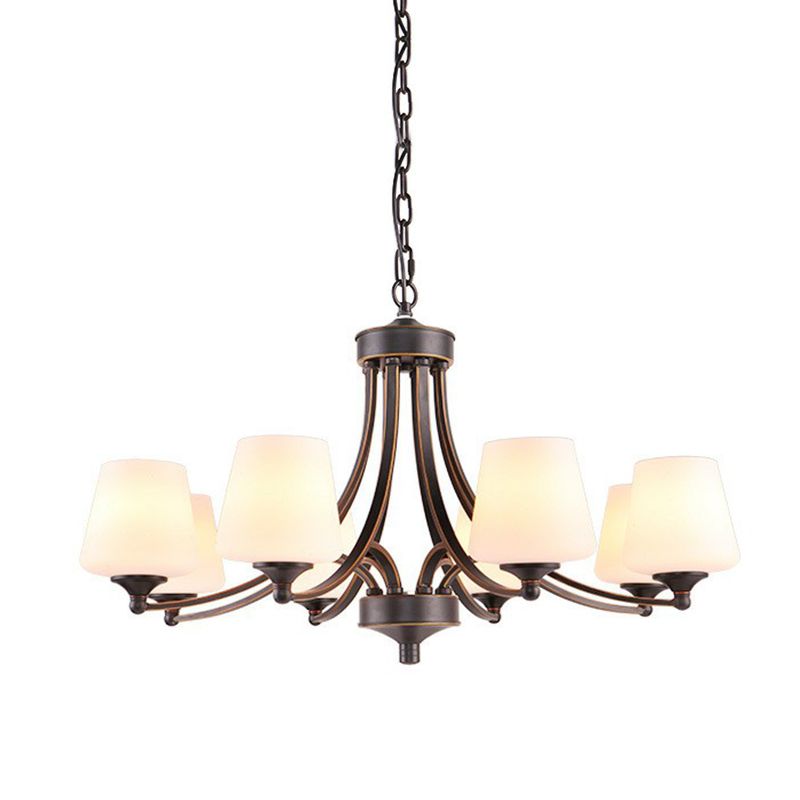 Tapered Shade White Frost Glass Suspension Light Rustic Living Room Chandelier Light
