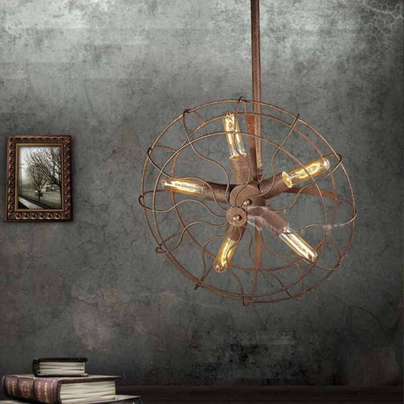 Fan Shape Farmhouse Ceiling Light with Wire Frame Rustic Wrought Iron 5 Bulbs Dark Rust Chandelier Lamp
