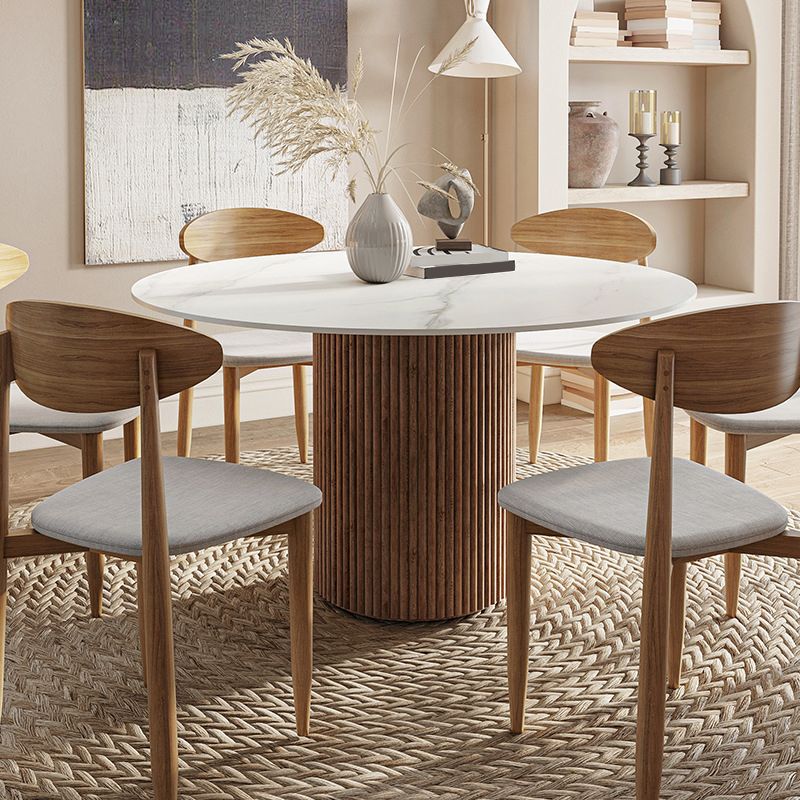 Contemporary Pedestal Table Wood Base Round Stone Dining Table for Home Kitchen