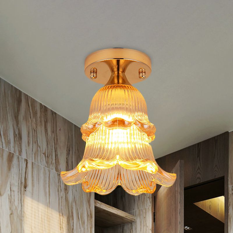 Flower Corridor Flush Mount Light Simple Amber Crystal 1 Bulb Gold Ceiling Mounted Fixture