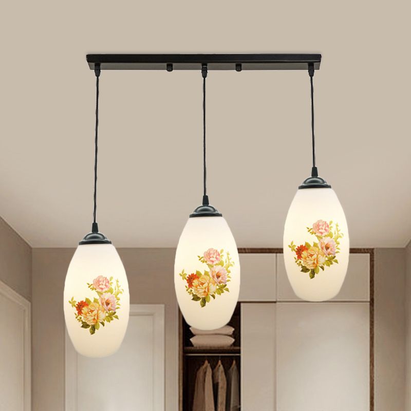 Minimalism Oval Multi Lamp Pendant 3 Heads White Frosted Glass Suspension Light in Black with Linear/Round Canopy