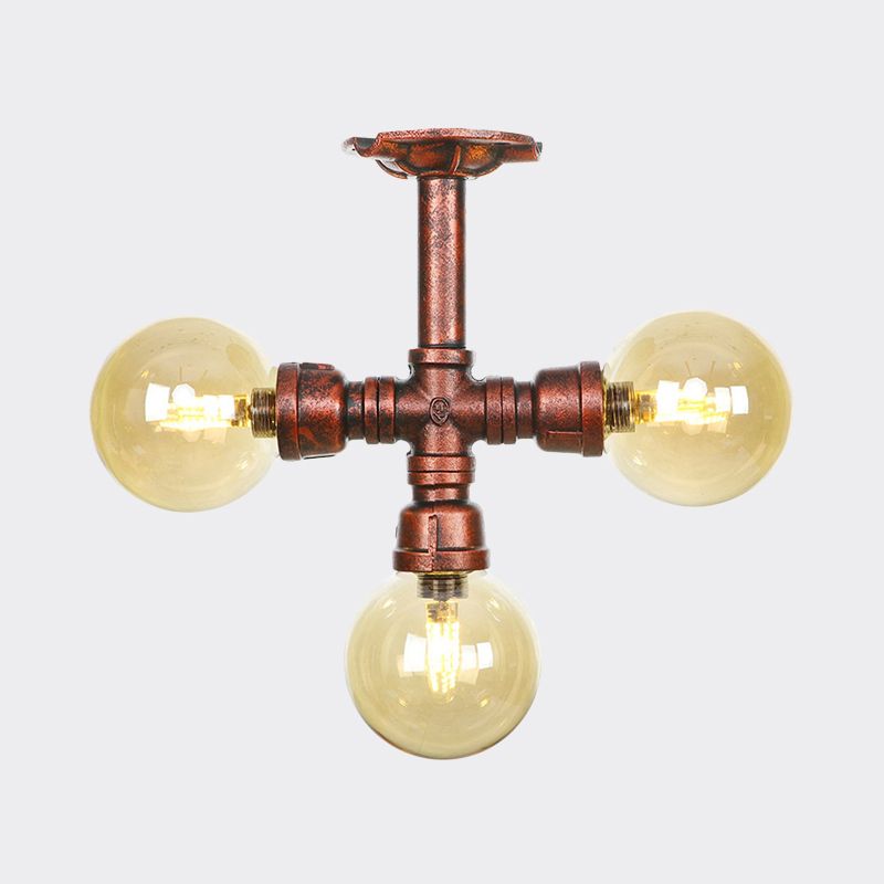 Bernsteinglas Kupfer halb Flush Light Kugel 3/4-Bulb Farmhouse LED-Decke montiert