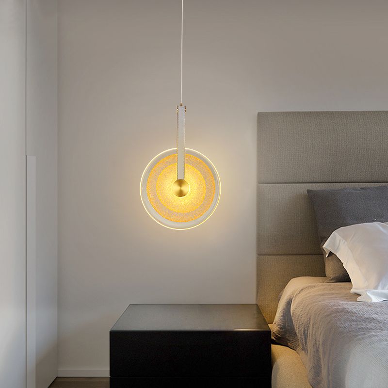 Messing schijf suspensie licht postmoderne getextureerde glazen led-droplamp met lederen band