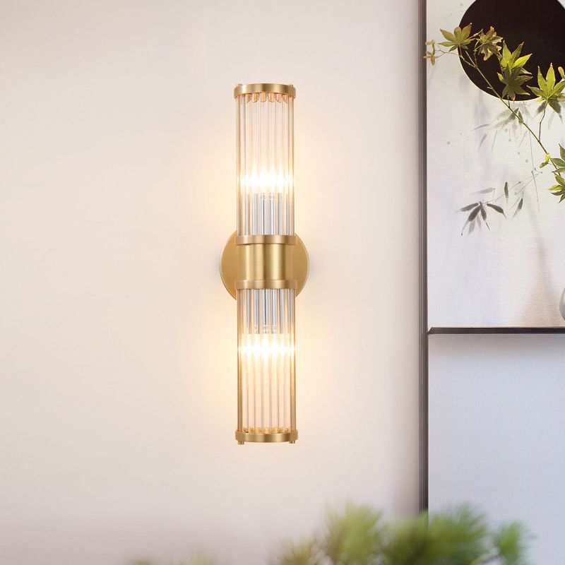 Gold Cylindrical Wall Sconce in Modern Luxury Style Copper Indoor Wall Light with Crystal Shade