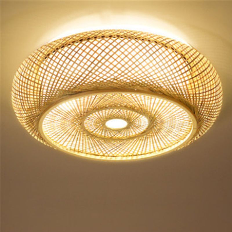 Lámpara de techo de montaje empotrado con forma de tambor redondo chino, iluminación de montaje empotrado de bambú Beige para dormitorio