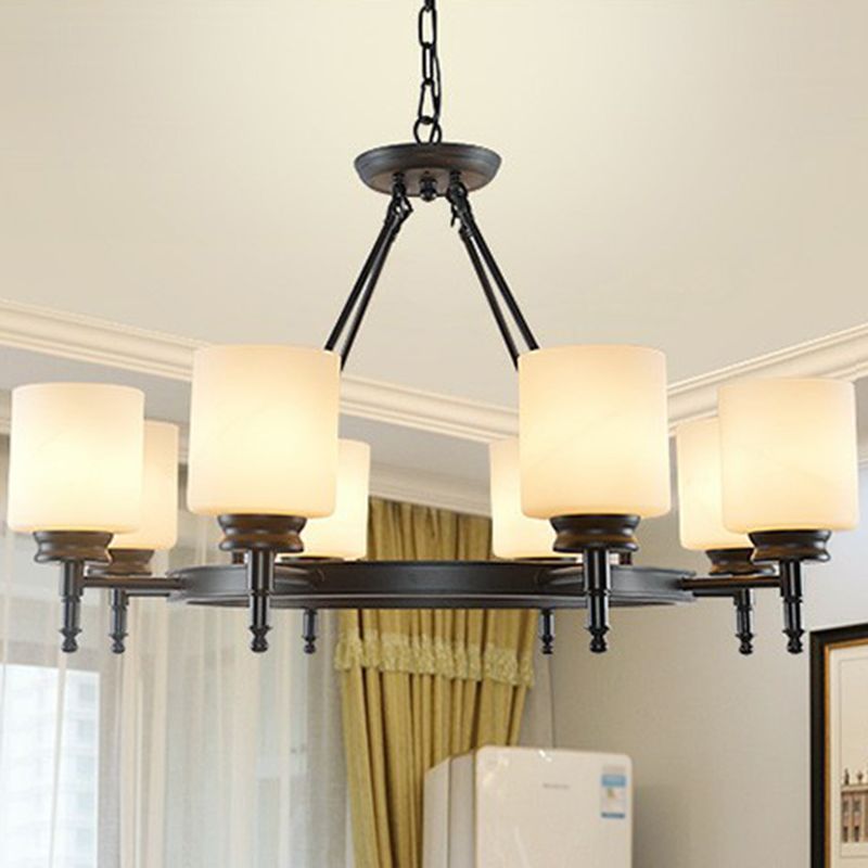 Retro Cylinder Shaped Chandelier Light Opal Glass Pendant Light Fixture for Living Room