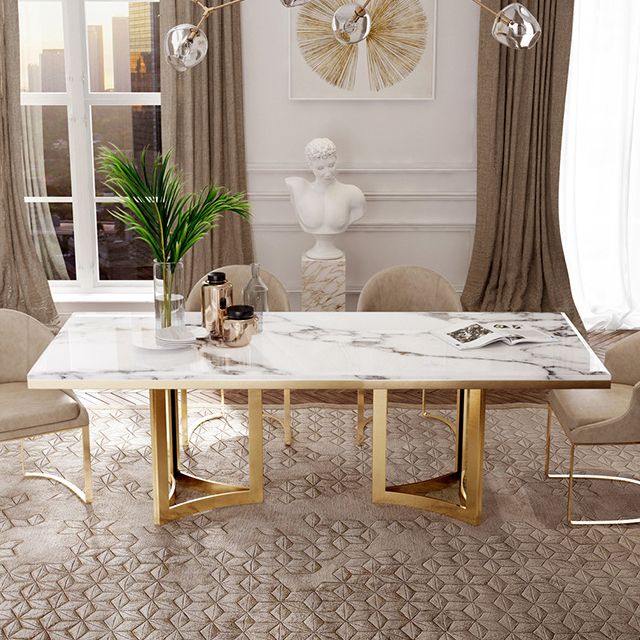 Traditional Luxury Dining Table Rectangle Double Pedestal Table with Gold Frame