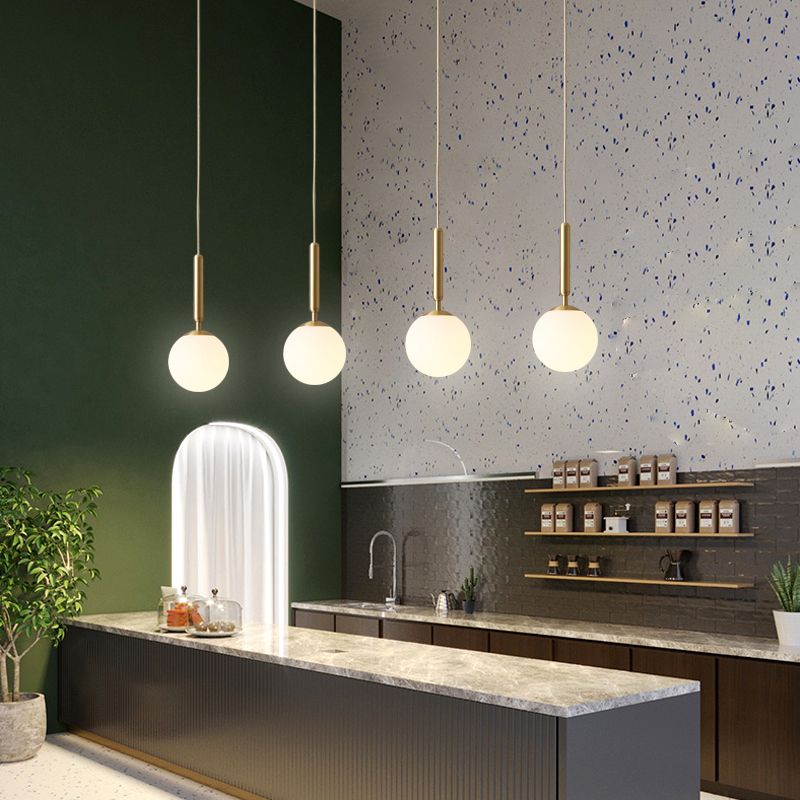 Modern Pendant Light Fixture White Glass 1-Light Dining Room Drop Light in Brass