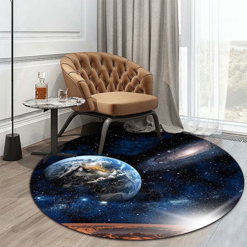 Modern Living Room Rug in Blue Outer Space Galaxy Earth Print Rug Polyester Anti-Slip Backing Area Rug