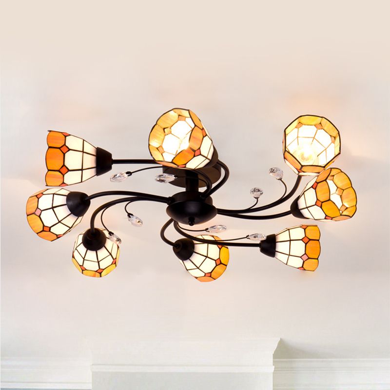 Tiffany Semi-encastré avec bras tourbillonnant et abat-jour en forme de dôme, plafonnier en verre artistique à 8 lumières, Orange/bleu, pour le salon