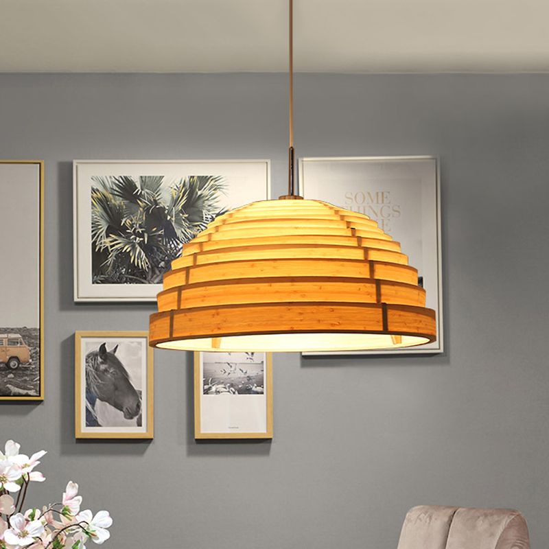 Rippled Hemispherical Hanging Light Minimalist Wood Single Living Room Ceiling Pendant in Beige