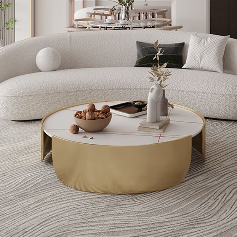Glam Stone Top Coffee Table with Steel Drum Base Round Cocktail Table