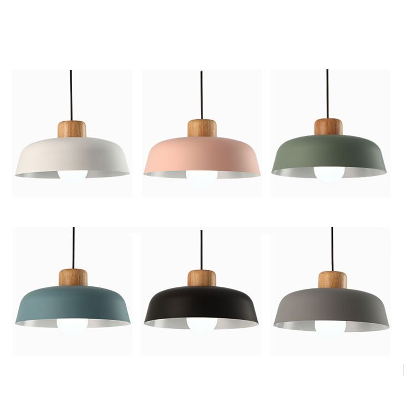 Modern Creative Single Pendant Light Wooden Dome Macaron Hanging Lamp with Iron Shade