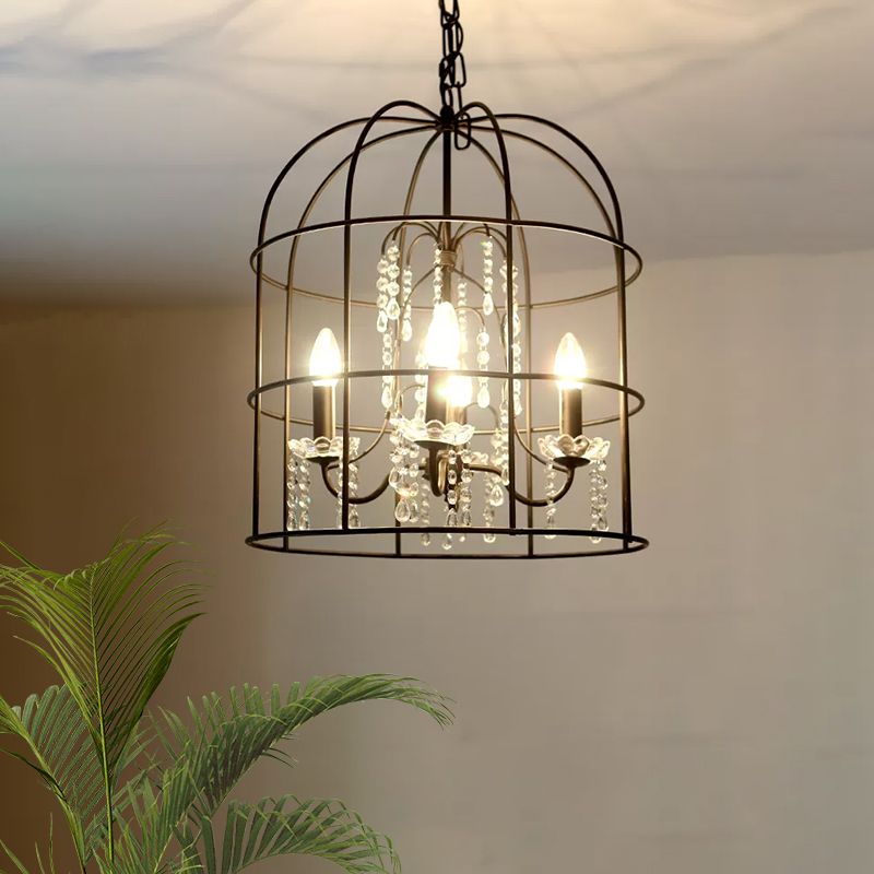 4 Lights Pendant Light Classic Birdcage Metal Hanging Chandelier in Black with Crystal Draping