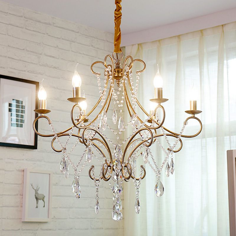 Gold Candle Style Scroll Arm Chandelier Victorian Crystal 5/6-Bulb Dining Room Ceiling Pendant Light