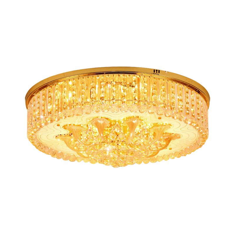 5 Heads Round Flush Light Fixture Modern Gold Clear Beveled Crystal Stands Ceiling Lighting