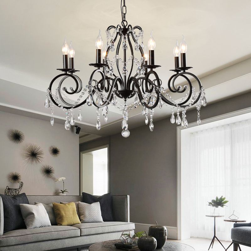 Retro Candlestick Chandelier Iron Hanging Lamp with Crystal for Living Room