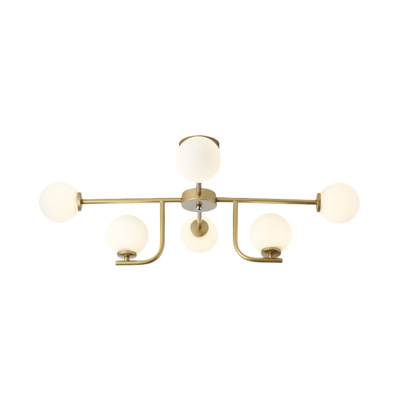 Global Semi Flush Mount Modernisme Verre Blanc 6 Ampoules Plafonnier Doré