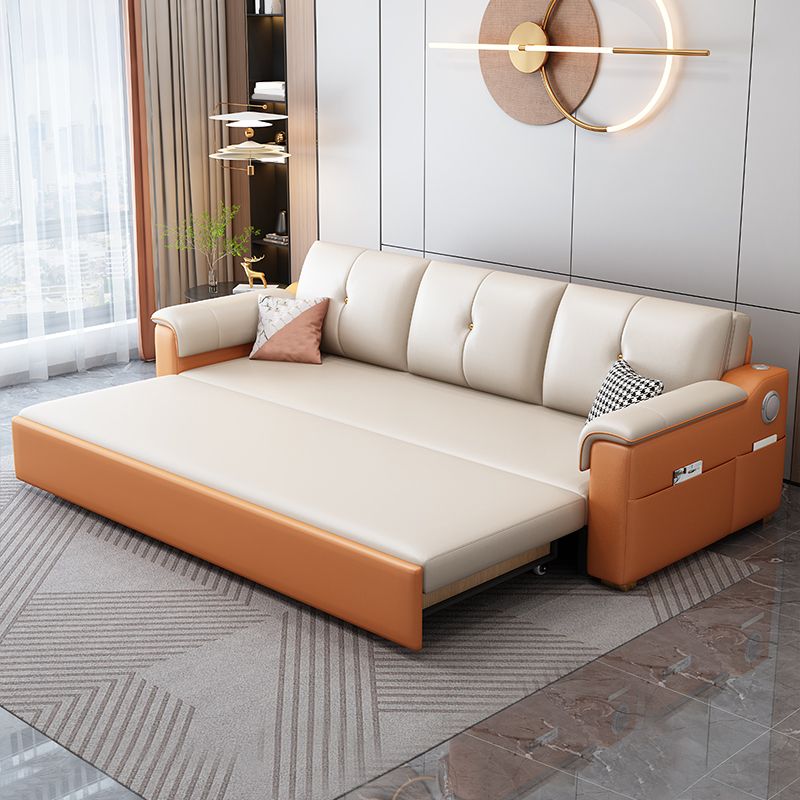 Contemporary Sofa Futon White with Storage Pillow Back Pillow Top Arms Sofa Bed
