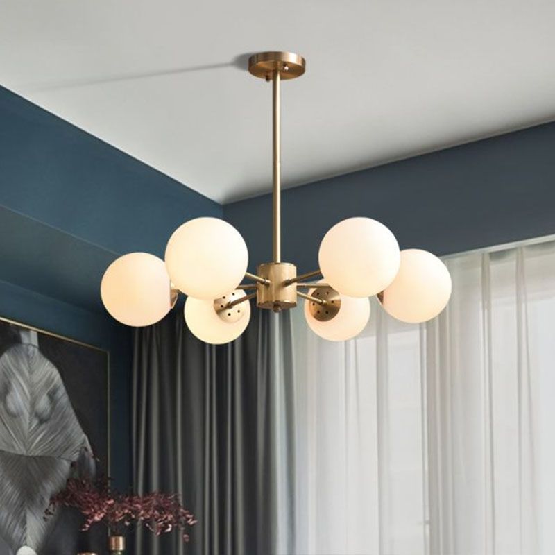 Frosted White Glass Ball Chandelier Minimalist Gold Finish Hanging Ceiling Light for Dining Room