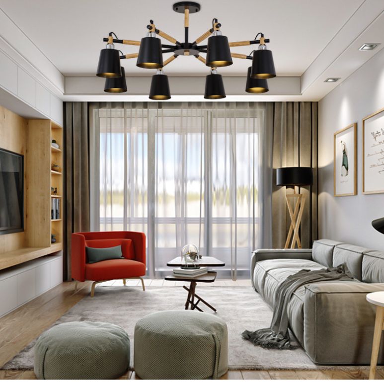 Multi-colored Optional Solid Wood Chandelier Simplicity Modern Living Room Lighting Fixture Lamp with Downward Metal Shade