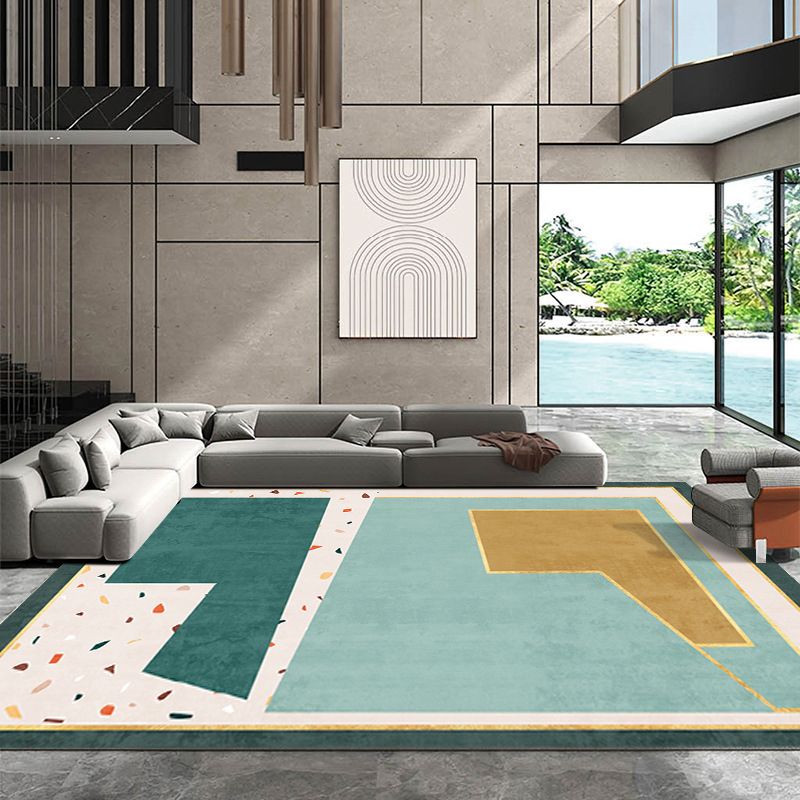 Dark Green Color Block Rug Polyester Modern Rug Non-Slip Backing Rug for Drawing Room