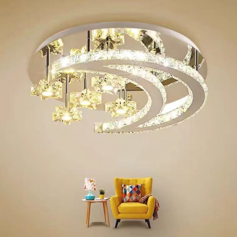Ringed Shape Semi Flush Mount Modern Style Crystal Flush Ceiling Light in Silver