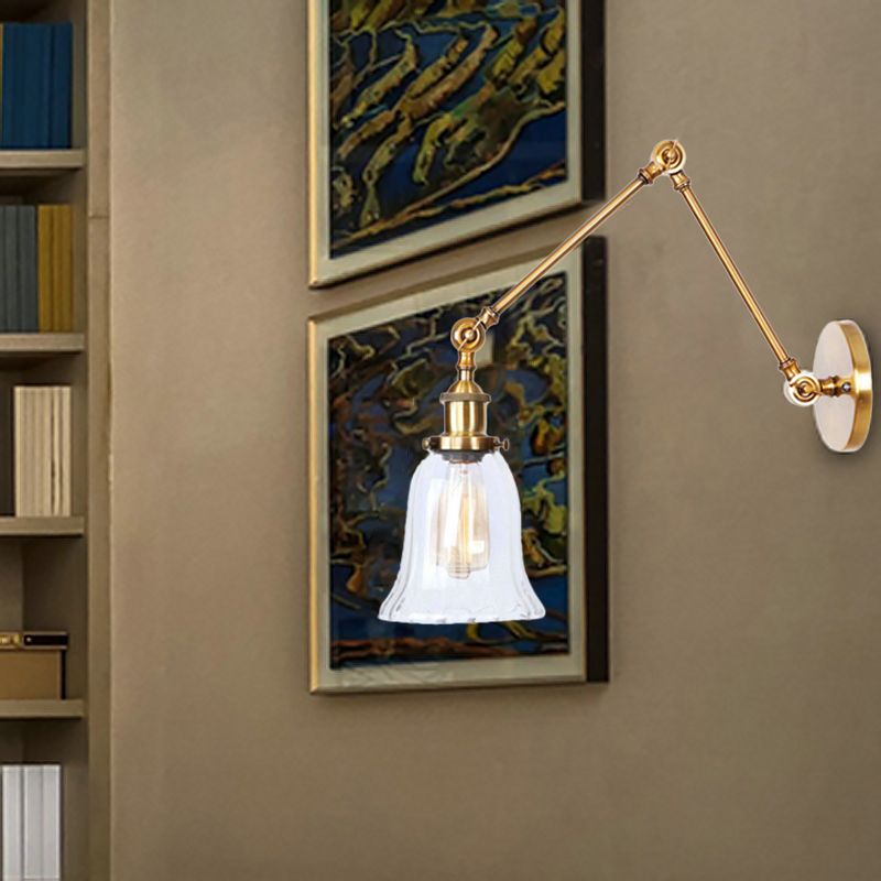 Luz de pared acampanada de latón estilo vintage vidrio transparente de textura 1 Luz de la sala de estar Light Lights