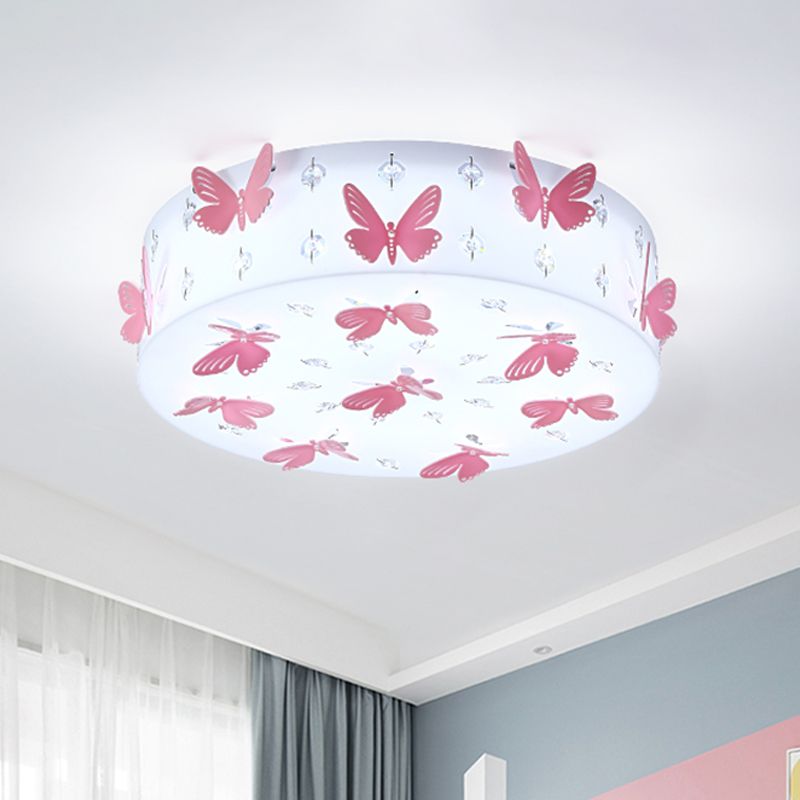 Round Flush Light Fixture Cartoon Fabric LED Pink Flush Mount with Dragonfly Decor in Warm/White Light