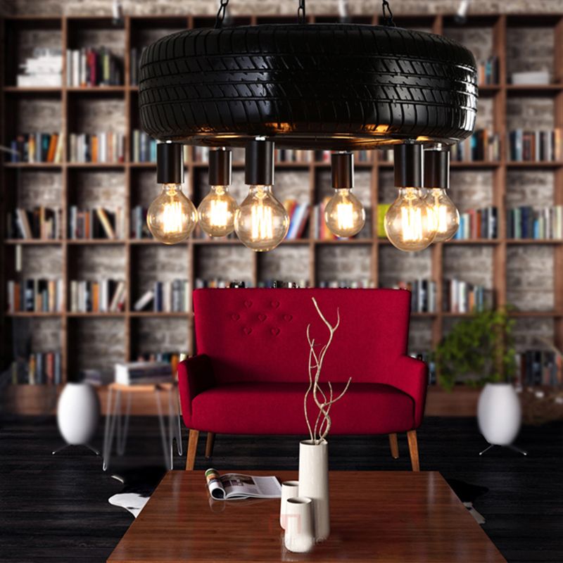 Cafe Car Tire Pendant Lamp Rubber 6 Lights Vintage Stylish Chandelier in Black