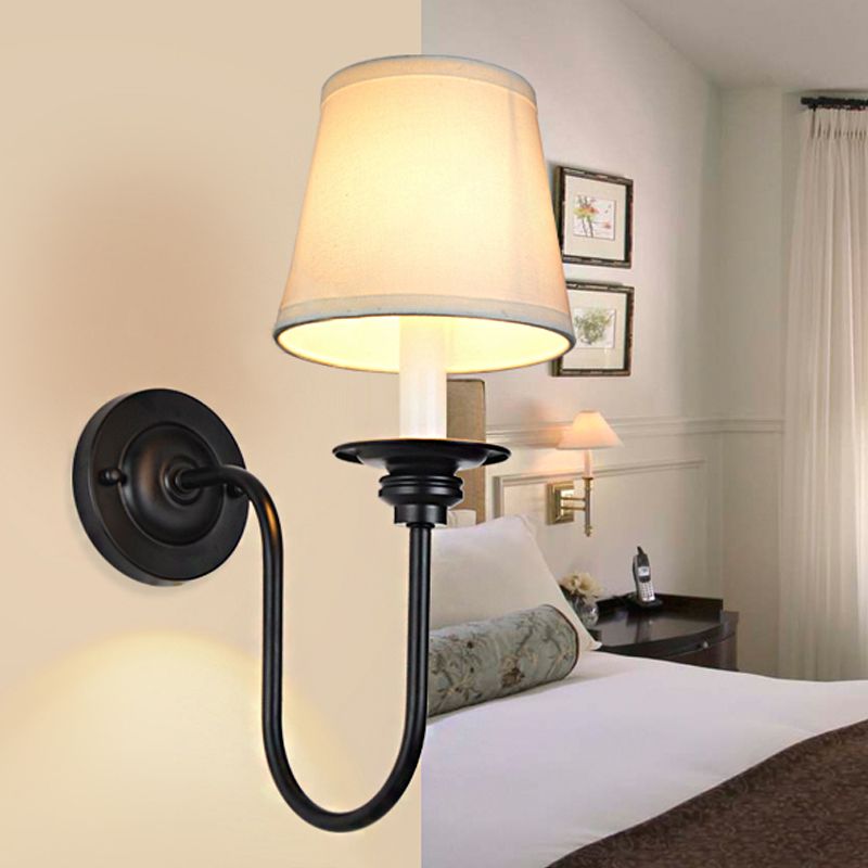 Cone Fabric Wall Sconce Traditional 1 Head Bedroom Sconce Light with Metal Arched Arm in White