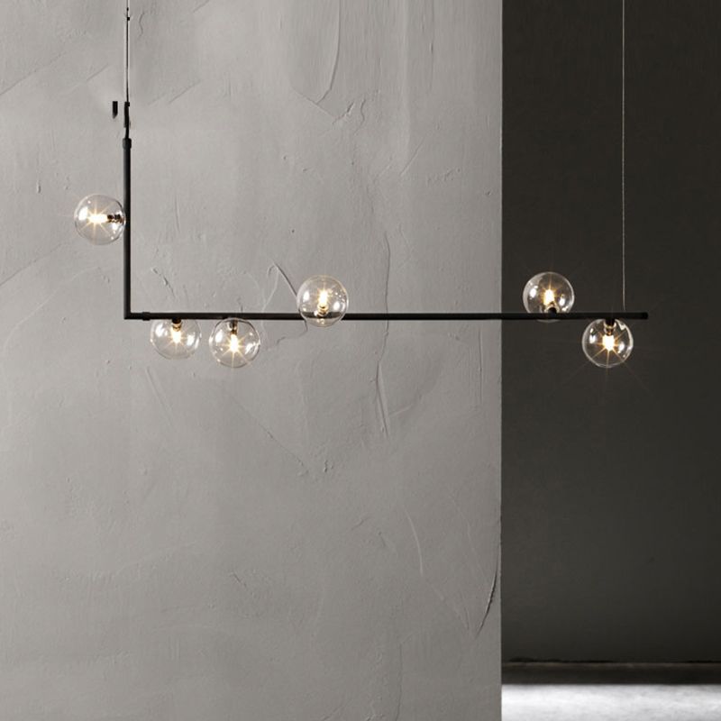 Clear Glass Globe Island Pendant Modernist 6 Bulbs Hanging Lamp Kit in Black with Right Angled Frame, Warm/White Light