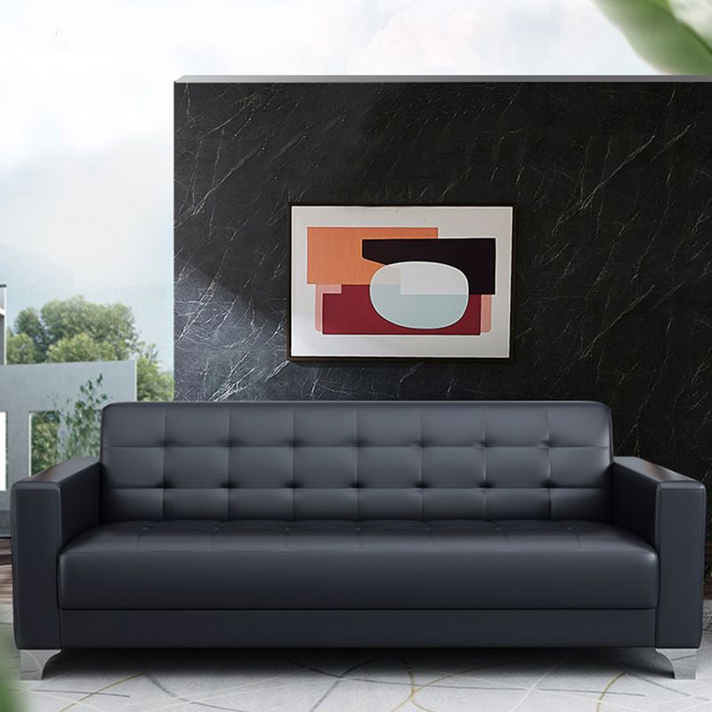 Living Room Leather Sofa in Black Tufted Split-Back Sleeper Seating