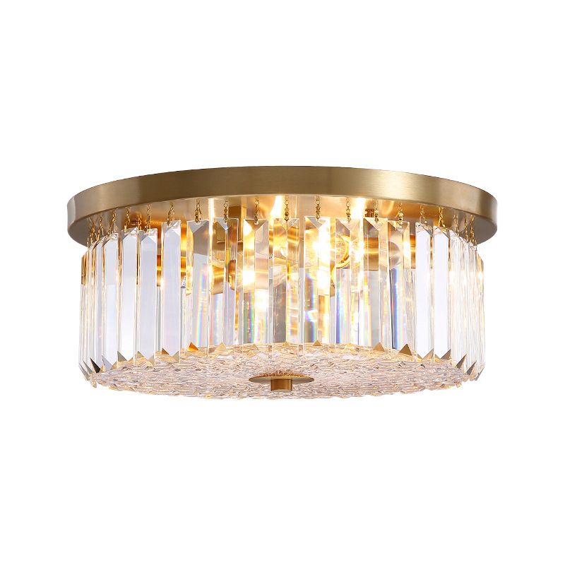 Prismatic Crystal Brass Flushmount Drum Shaped 4-Light Postmodern Ceiling Flush Light
