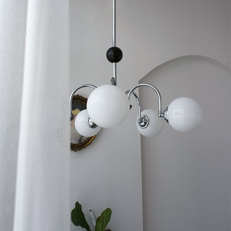 Modern Style Spherical Shape Chandelier Lights White Glass Pendant Lights in Silver